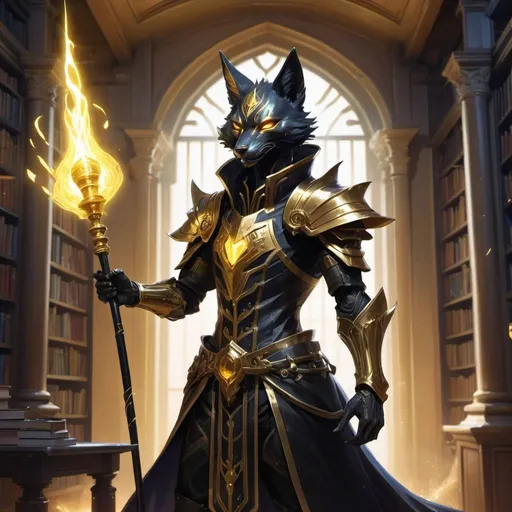 Prompt: A slender humanoid black kitsune in the stylish armor of a sorcerer with a metal rod in his hands creates a funnel of magical golden rays in front of interior of a stone mansion with a library in the midnight, Dr. Atl, vanitas, league of legends splash art, cyberpunk art