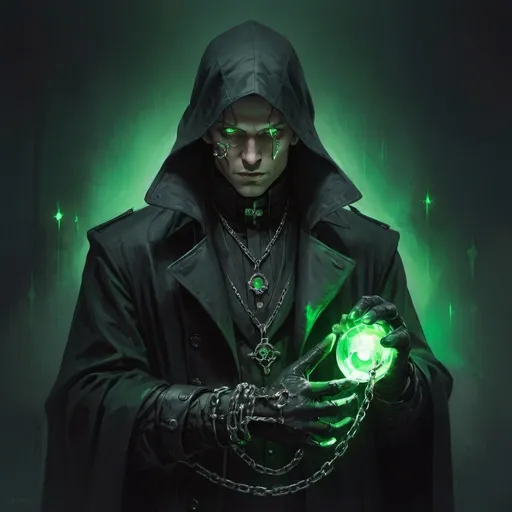 Prompt: a necromancer in a black coat and gloves with small scars on the face and green eyes holding a green light up glove in his hands and a chain around his waist, Aleksi Briclot, gothic art, deviantart artstation, a fine art painting