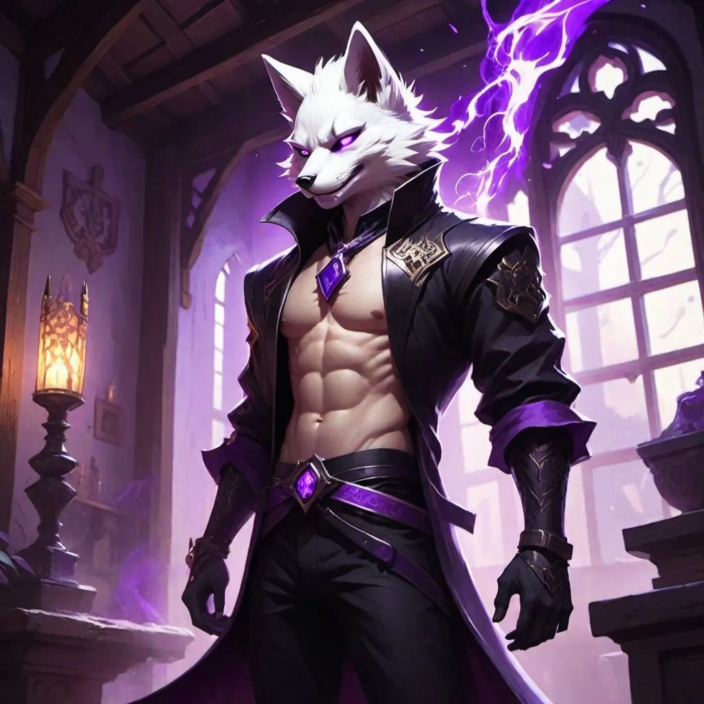 Prompt: male kitsune with furry body like a furry in a bare-chested revealing black outfit in front of the interior of an medieval aristocrat's house creates rays of purple energy, Dr. Atl, vanitas, league of legends splash art, cyberpunk art