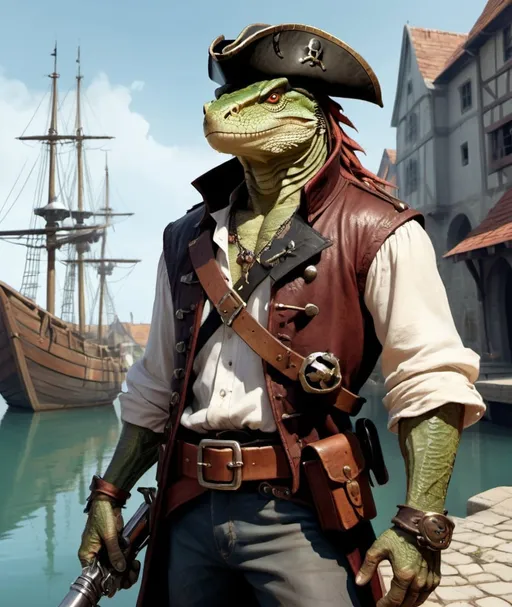 Prompt: a bare chested lizardman with scars on his chest and with a pirate cocked hat on his head holding a antique hand cannon in his hand rests a hand cannon on his shoulder standing in front of medieval harbor, with medieval hand cannons on his belt, Dirk Crabeth, furry art, epic fantasy character art, concept art