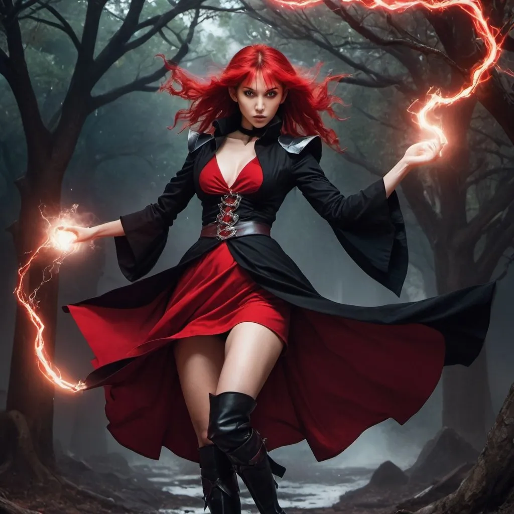 Prompt: a woman elf witch from Dungeons and Dragons in a red and black dress and a black coat and boots causes red lightning, Ayami Kojima, arabesque, vogue, a poster