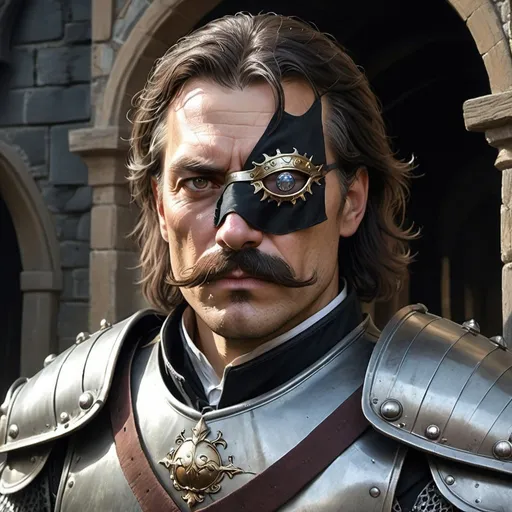 Prompt: a 40 years old man in plate armor wearing a fake eye patch with a tie covering the eye on the left eye and with thick hair and mustache standing in front of dark medieval manor, Aleksi Briclot, antipodeans, epic fantasy character art