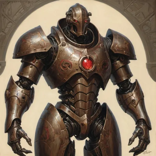 Prompt: a warforged or a robot with cords resembling tree roots reinforced with alchemical fluids serve as muscles that are contained within a bronze frame, the bronze frame resembles the armor of a knight, warforged have beautiful face without a mouth with a hinged jaw and crystalline eyes built under the brow ridges and there is a red spot or mark on the robot's forehead, full-length, neutral dark background, Donato Giancola, altermodern, steampunk