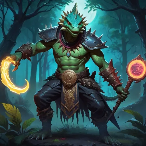 Prompt: a bare-chested lizardman shaman dressed like a medieval savage draws a magic seal in front of night forest, Dr. Atl, vanitas, league of legends splash art, cyberpunk art