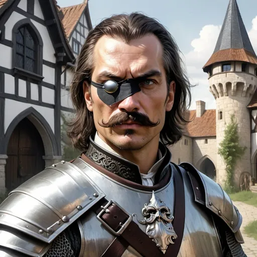 Prompt: a 40 years old man in plate armor wearing a fake eye patch with a tie covering the eye on the left eye and with thick hair and mustache standing in front of medieval manor, Aleksi Briclot, antipodeans, epic fantasy character art