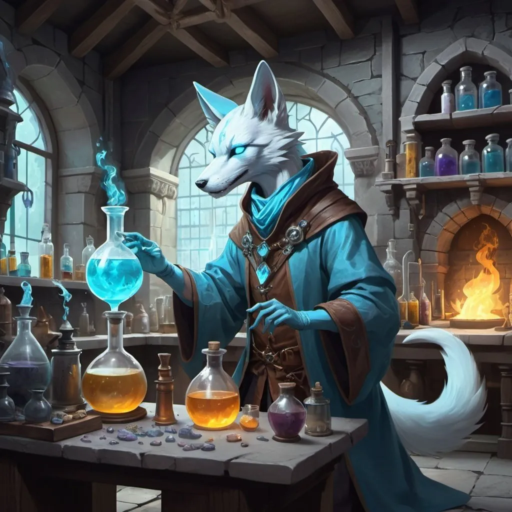 Prompt: A slender humanoid pale blue kitsune dressed as a medieval alchemist mixes potions in front of interior of a fantasy medieval stone 
alchemical laboratory, Dr. Atl, vanitas, league of legends splash art, cyberpunk art