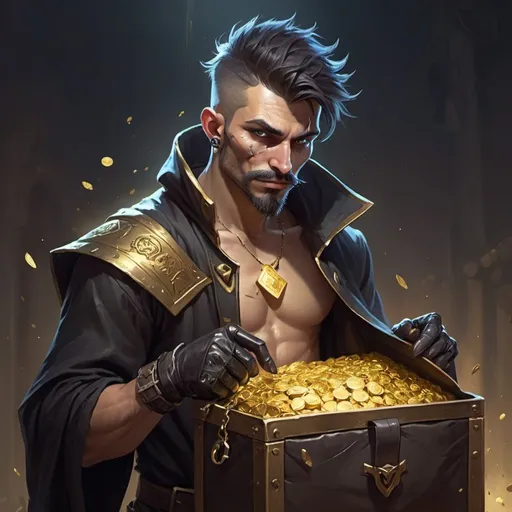 Prompt: a bare-chested man without mustache and beard dressed like an medieval thief looking at a bag of gold, Dr. Atl, vanitas, league of legends splash art, cyberpunk art