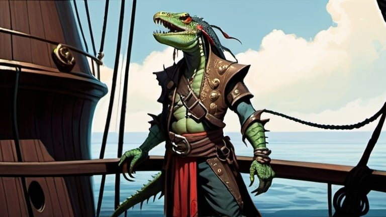 Prompt: a lizardman corsair in medieval pirate oriental clothes standing on board of ship, Art of Brom, fantasy art, epic fantasy character art, concept art