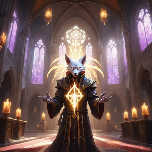 Prompt: kitsune priest with rays of light in his hands in front of fantasy cathedral interior during the day, Dr. Atl, vanitas, league of legends splash art, cyberpunk art