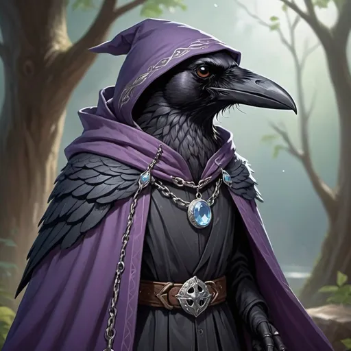 Prompt: The furry sorcerer Kenku the Crow from the D&D game casts a spell, lilac streams of magical energy burst out of his paws, and magical seals appear. It has gray plumage and bright lilac eyes, and its face looks like a crow. He wears a hood, a long dark gray cloak, the front of the cloak is fastened with a silver chain near his collarbones, and on his left chest is a silver brooch with a pale blue gem. He is excited and smiles playfully. Very detailed.