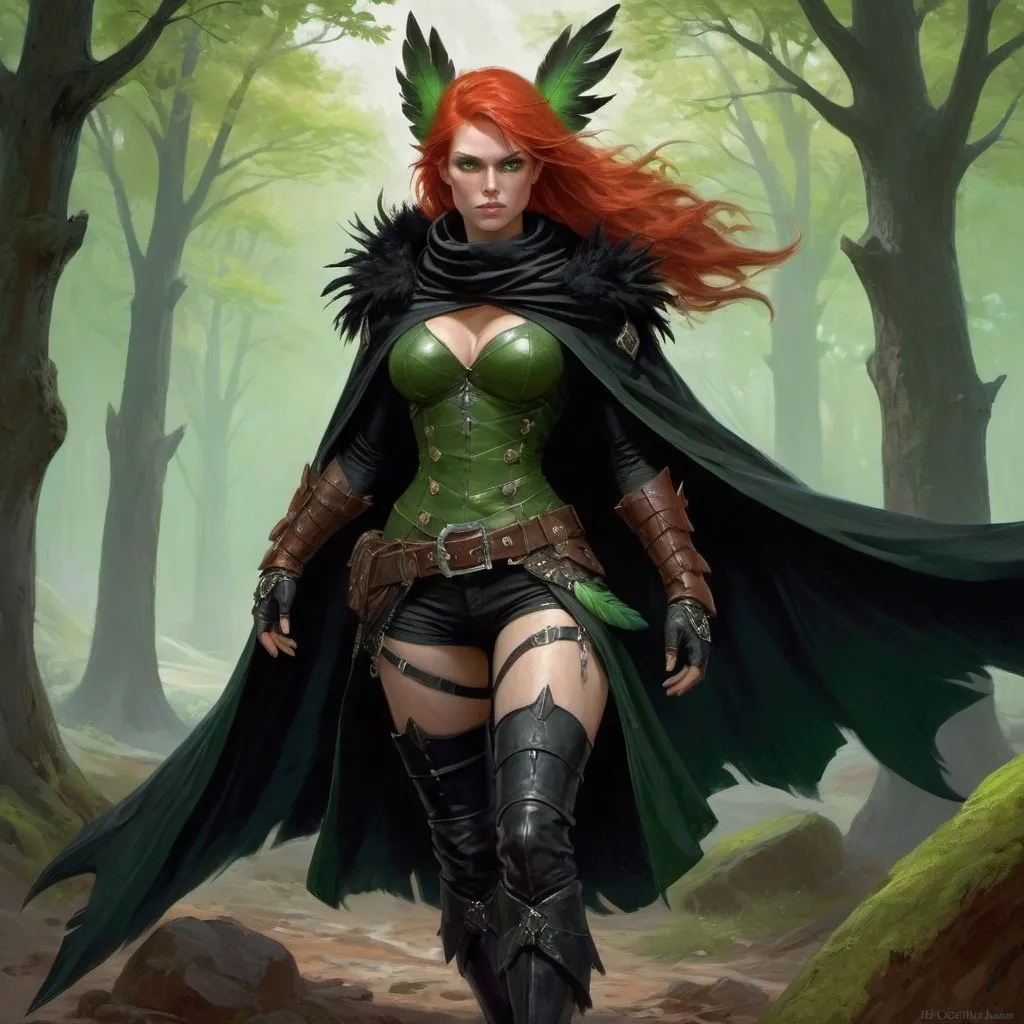 Prompt: a scandinavian woman monster hunter with red hair and green eyes wearing a black outfit and cape and a black scarf with green feathers on her head and a black snood around her neck and on her chest and in high boots, full length, Donato Giancola, fantasy art, epic fantasy character art, concept art