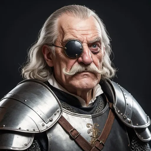 Prompt: a old man in medieval plate armor wearing a fake eye patch with a tie on the left eye and with thick hair and mustache, antipodeans, fantasy character art