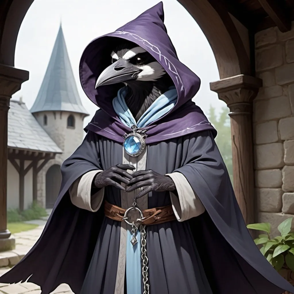 Prompt: The young furry sorcerer Kenku from Dungeons and Dragons. He casts a magic spell, lilac streams of magical energy burst out of his paws, and magical seals appear. He is thin, he has gray plumage, and his facial features are refined, his face looks like a crow. Kenku is excited and smiles playfully. He wears a hood, a long dark gray cloak, and the front of the cloak is fastened with a silver chain near his collarbones. A silver brooch with a pale blue gem is attached to the robe on the left chest. In the background, the interior of a stone medieval building. Lighting like an eclipse. High detailed.