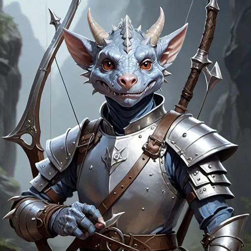 Prompt: a silver kobold from Dungeons and Dragons with a horned head and a bow in his hand wearing light, pale indigo leather armor with metal plates, holding a bow at the ready in his hand, Adam Rex, sots art, epic fantasy character art, a character portrait