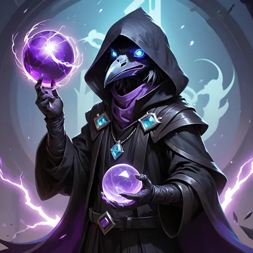 Prompt: a young funny kenku crow in a black outfit with a silver brooch with a pale blue gem holding a purple object in his hand and a purple magical ball lightning in his other hand, Dr. Atl, vanitas, league of legends splash art, cyberpunk art