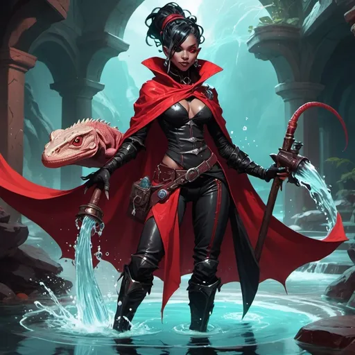 Prompt: a humanoid lizard woman witch from Dungeons and Dragons in a red and black mantle and boots causes a magic water, Dr. Atl, vanitas, league of legends splash art, cyberpunk art