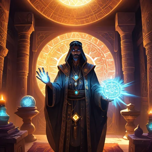Prompt: a man-priest dressed as a Bedouin with glowing eyes with rays of light in his hands in front of richly decorated wizard’s chambers during the day, Dr. Atl, vanitas, league of legends splash art, cyberpunk art