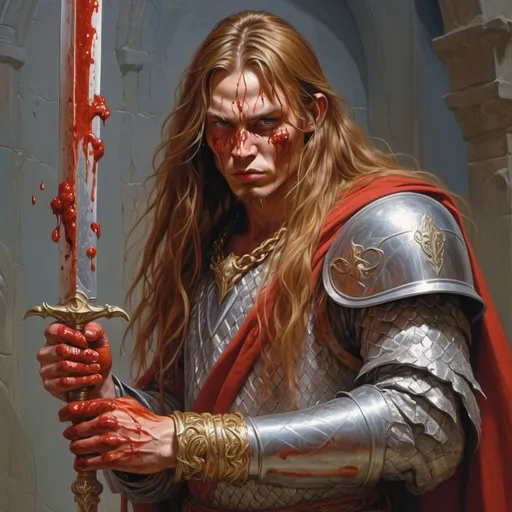 Prompt: a slime man with a long hair dressed like an slavic warrior and dressed in chain mail shirt on holding a saber in his hand and a bloody face, Donato Giancola, fantasy art, epic fantasy character art, concept art