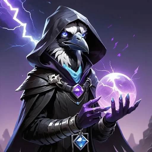 Prompt: a young friendly kenku crow upper part of the muzzle is white blue eyes in a black outfit with a silver brooch with a pale blue gem holding a purple object in his hand and a purple magical lightning in his other hand, Dr. Atl, vanitas, league of legends splash art, cyberpunk art