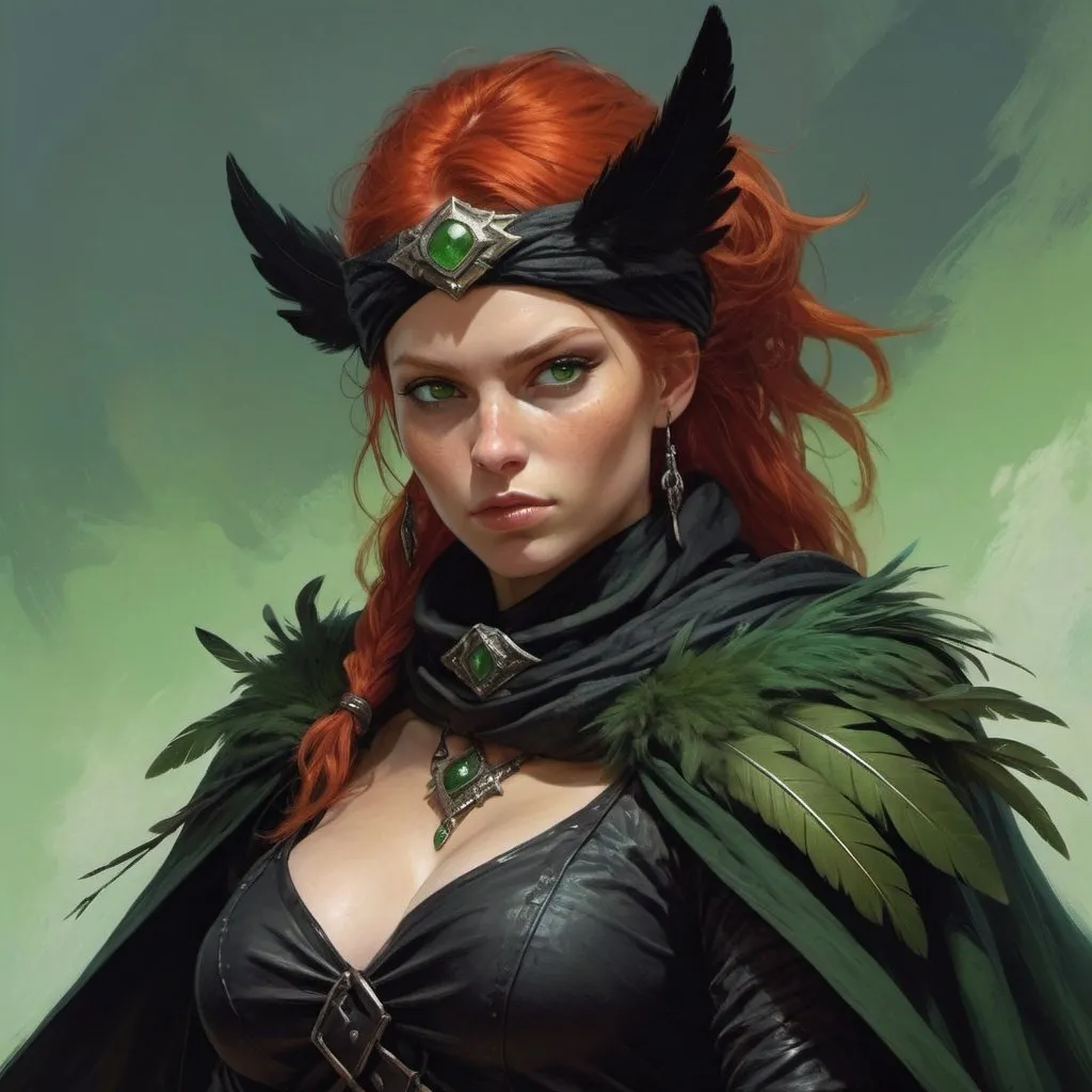 Prompt: a scandinavian woman monster hunter with red hair and green eyes wearing a black outfit and cape and a black scarf with green feathers on her head and a black snood around her neck and on her chest, full length, Donato Giancola, fantasy art, epic fantasy character art, concept art