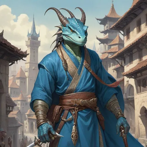 Prompt: a blue bare-chested lizardman wizard  without outerwear and sword and a bag on his shoulder and a scimitar in his hands in oriental attire in satin scarves around the neck with long ears and horns, standing in front of a medieval european fantasy city background, Art of Brom, fantasy art, epic fantasy character art