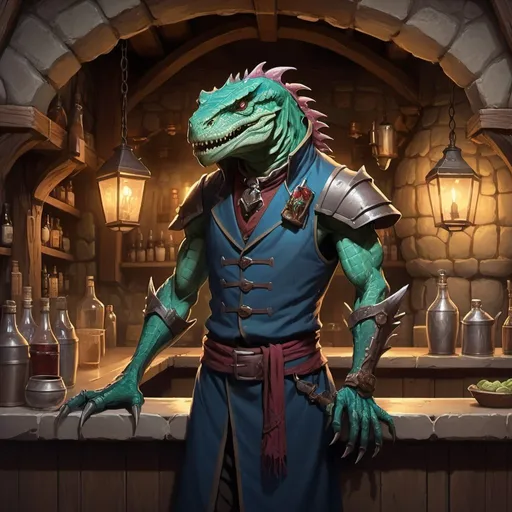 Prompt: A slender humanoid lizardman dressed as a medieval innkeeper stands behind the tavern counter in front of interior of a fantasy stone tavern, male, Dr. Atl, vanitas, league of legends splash art, cyberpunk art