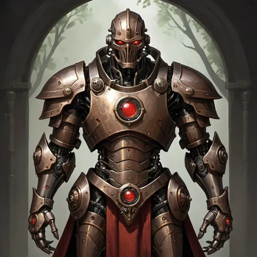 Prompt: a warforged or a robot with cords resembling tree roots reinforced with alchemical fluids serve as muscles that are contained within a bronze frame, the bronze frame resembles the armor of a knight, warforged have beautiful face without a mouth with a hinged jaw and crystalline eyes built under the brow ridges and there is a red spot or mark on the robot's forehead, full-length, neutral dark background, Brom, steampunk