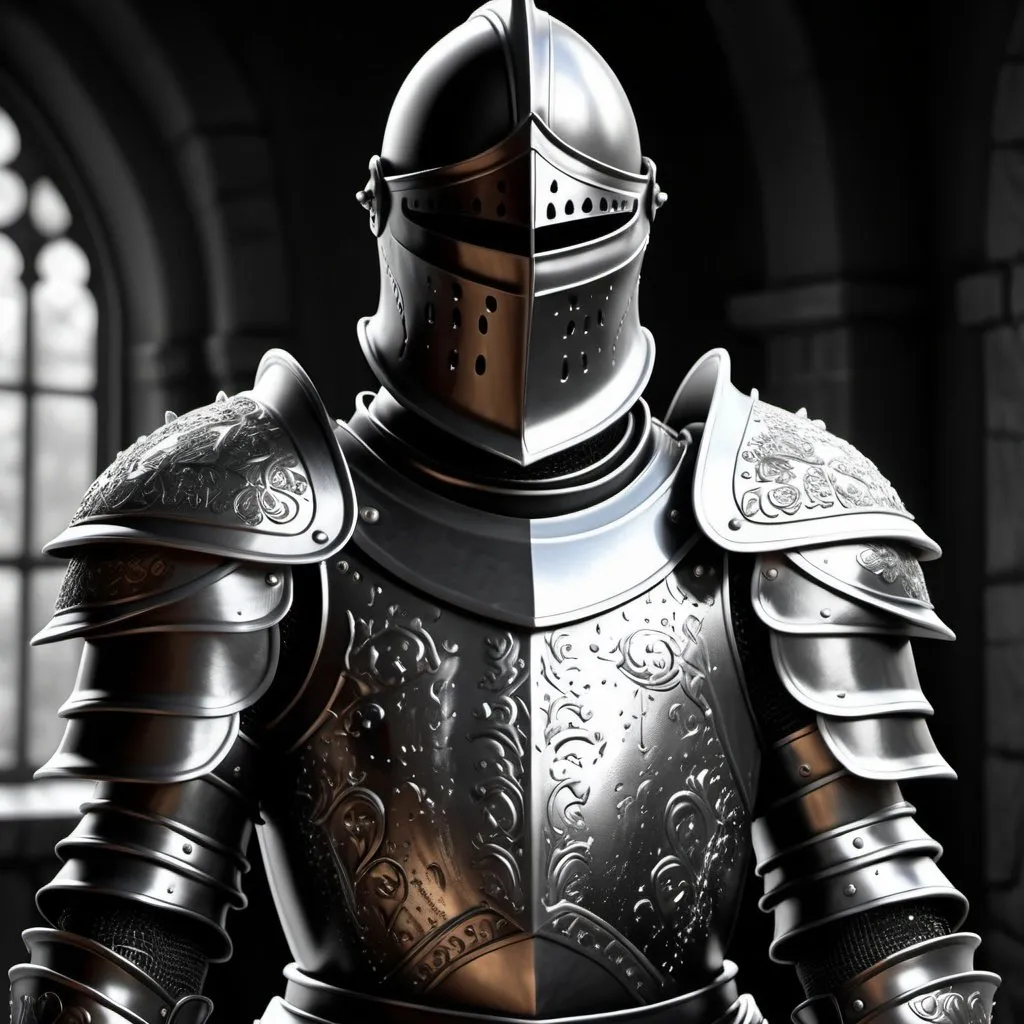 Prompt: a black and white photo of a black knight armor with metal flakes on it's chest and shoulders, without helmet, with a background, Andries Stock, photorealism, piece of armor, an ambient occlusion render