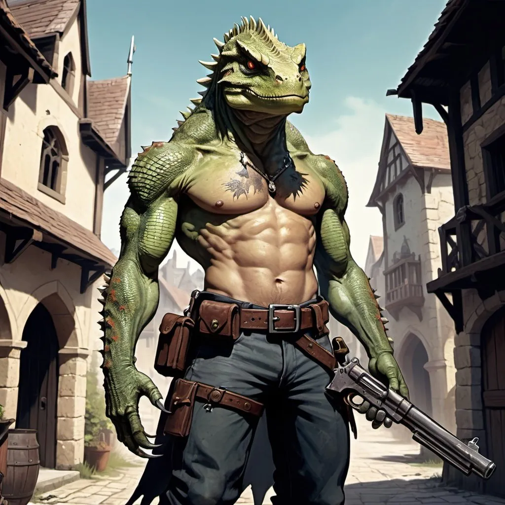 Prompt: a bare chested lizardman with scars on his chest holding a hand cannon in his hand, with antique pistols on his belt, standing in front of medieval town, Adam Rex, furry art, epic fantasy character art, concept art