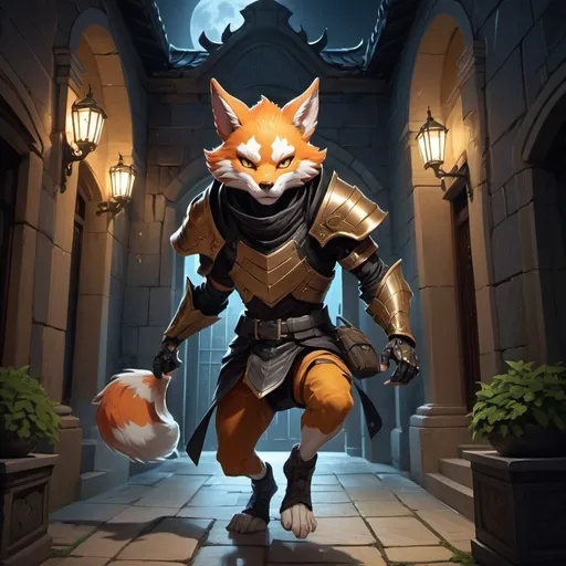 Prompt: A slender humanoid ginger kitsune in the stylish armor of a thief holding a bag with scrools in his hands runs in front of interior of a stone mansion in the midnight, Dr. Atl, vanitas, league of legends splash art, cyberpunk art