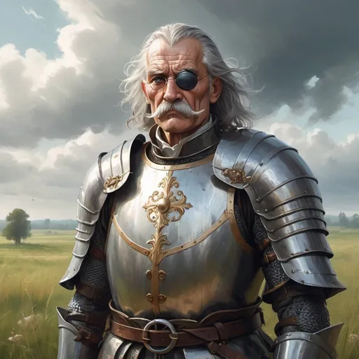 Prompt: a old man in medieval plate armor wearing a fake eye patch with a tie on the left eye and with thick hair and mustache stands against the backdrop of a meadow in cloudy weather, Aleksi Briclot, antipodeans, fantasy character art