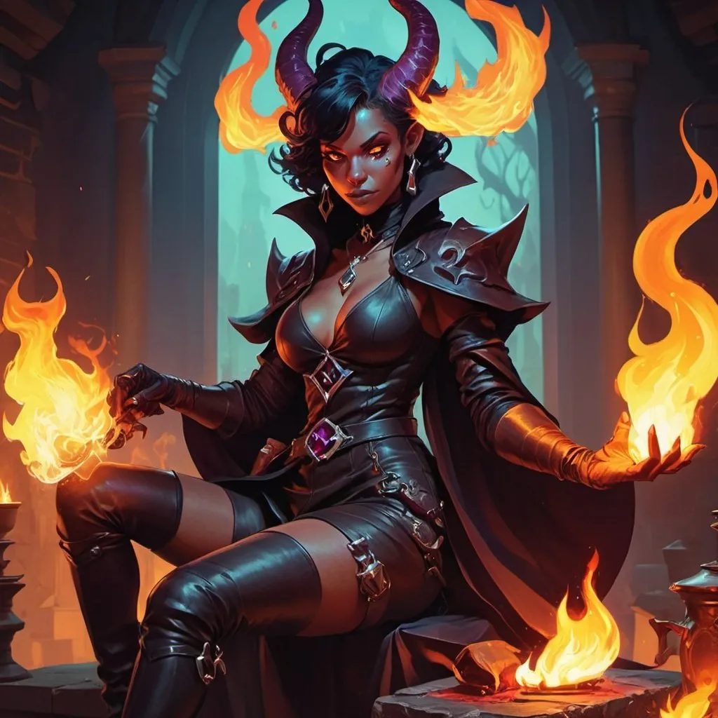 Prompt: a tiefling woman witch from Dungeons and Dragons in a mantle and boots causes a flame, Dr. Atl, vanitas, league of legends splash art, cyberpunk art