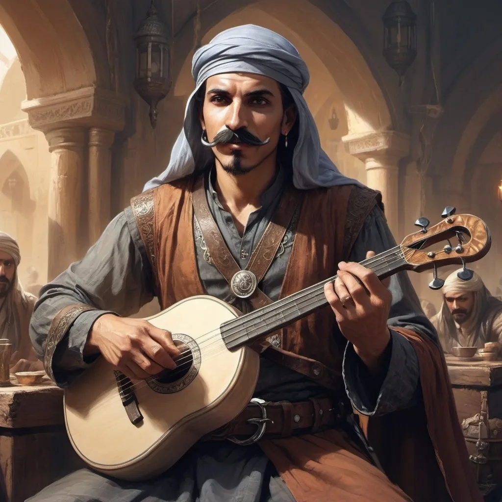 Prompt: a arabian man with a mustache, he is a bard from Dungeons and Dragons, 
hold a musical instrument in hands, Aleksi Briclot, antipodeans, epic fantasy character art