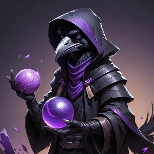 Prompt: a kenku crow in a black outfit holding a purple object in his hand and a purple object in his other hand, he is young, friendly look, Dr. Atl, vanitas, league of legends splash art, cyberpunk art