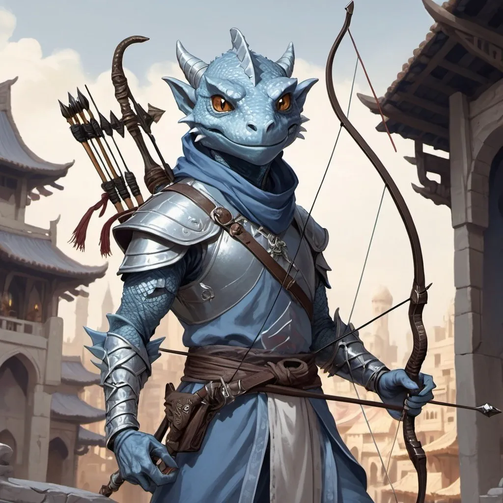 Prompt: a silver lizard-kobold archer from Dungeons and Dragons with a horned head and a bow in his hand wearing pale indigo arabic clothes, holding a bow at the ready in his hand, standing in front of a medieval oriental fantasy city background, Dr. Atl, vanitas, league of legends splash art, cyberpunk art