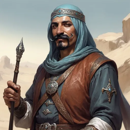 Prompt: a arabian man-bard from DnD with a mustache, Aleksi Briclot, antipodeans, epic fantasy character art