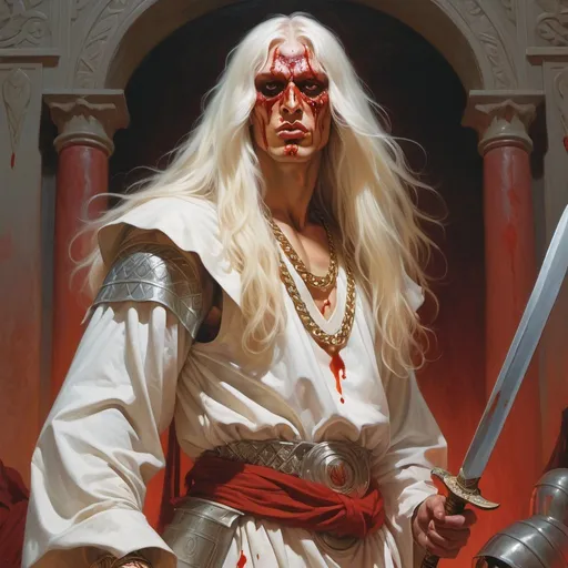 Prompt: a tall man dressed like an slavic warrior with a saber and a long white hair and chain mail shirt on from Transylvania holding a knife in his hand and a bloody face, Donato Giancola, fantasy art, epic fantasy character art, concept art