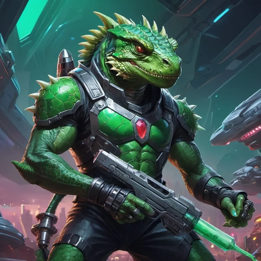 Prompt: A muscular green lizardman with a syringe-pistol in his hands, dressed in armor, stands against the backdrop of a futuristic spaceship, Dr. Atl, vanitas, league of legends splash art, cyberpunk art