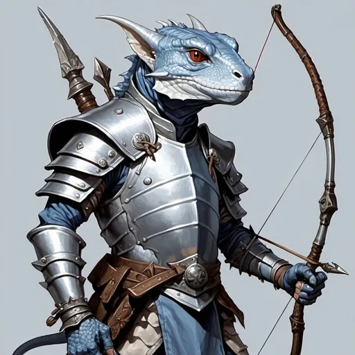 Prompt: a silver lizard-kobold from Dungeons and Dragons with a horned head and a bow in his hand wearing light, pale indigo leather oriental armor with metal plates, holding a bow at the ready in his hand, Art of Brom, sots art, epic fantasy character art, a character portrait
