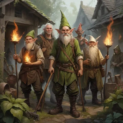 Prompt: a group of elves, gnomes and humans peasant people with pitchforks, torches and other garden tools in tattered clothes, Chris Rahn, fantasy art, epic fantasy character art, a character portrait