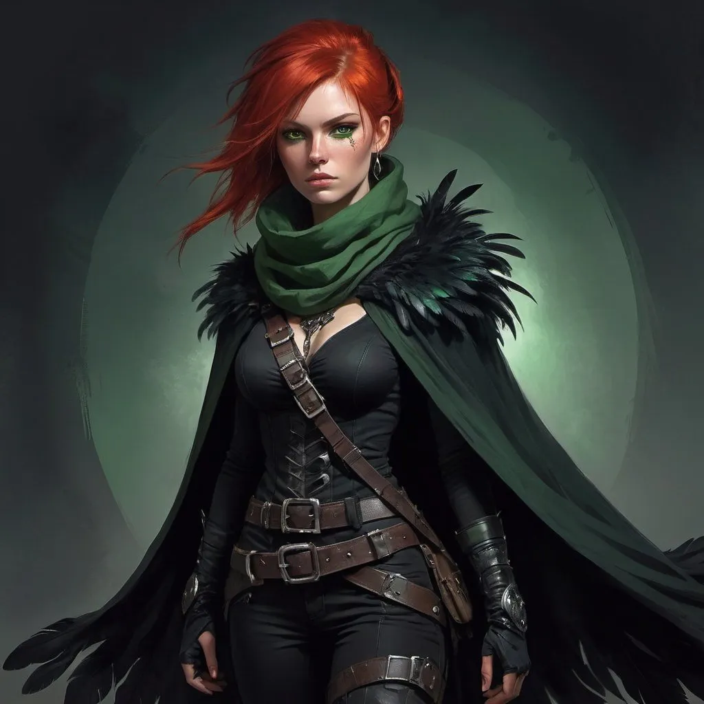 Prompt: a scandinavian woman monster hunter with red hair and green eyes wearing a black outfit and a black scarf with green feathers on her head and a black snood around her neck and and cape, full length, Aleksi Briclot, gothic art, deviantart artstation, a fine art painting