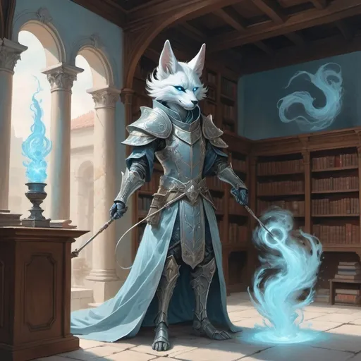 Prompt: A slender humanoid kitsune in the stylish armor of a sorcerer with a metal rod in his hands creates a funnel of magical pale blue wind in front of interior of a stone mansion with a library, Art of Brom, fantasy art, epic fantasy character art, concept art