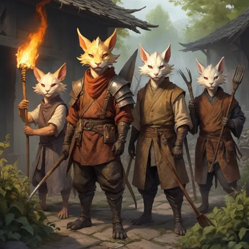 Prompt: a group of dragonborns, kitsune, tabaxi and humans peasants with pitchforks, torches and other garden tools in tattered clothes, Chris Rahn, fantasy art, epic fantasy character art, a character portrait