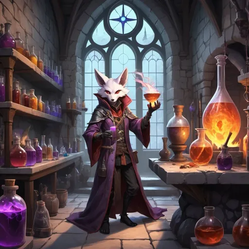 Prompt: A slender humanoid kitsune dressed as a medieval alchemist mixes potions in front of interior of a fantasy medieval stone 
alchemical laboratory, Dr. Atl, vanitas, league of legends splash art, cyberpunk art