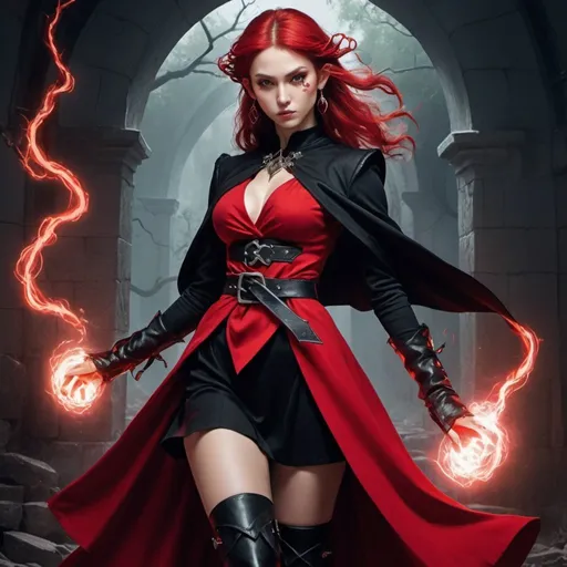 Prompt: a woman elf witch from Dungeons and Dragons in a red and black dress and a black coat and boots causes red lightning, Ayami Kojima, arabesque, vogue, a poster