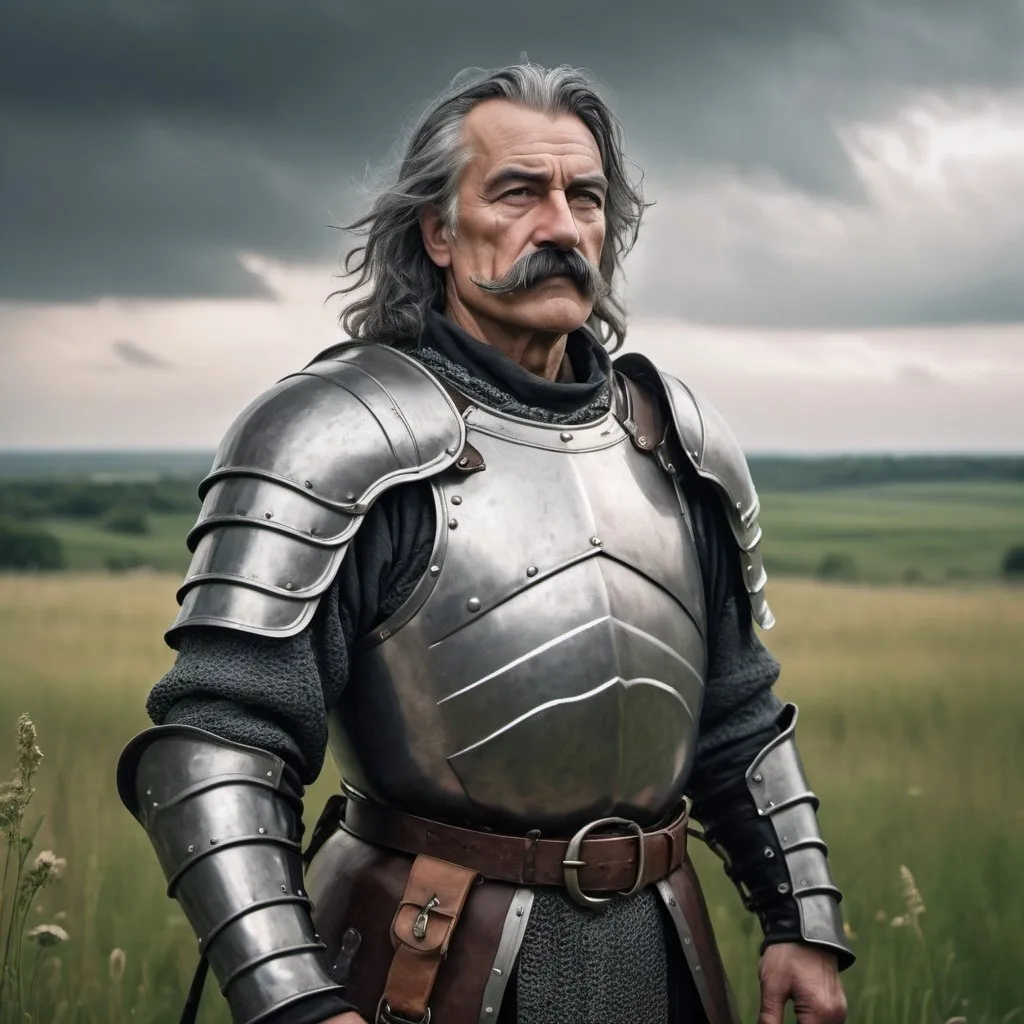 Prompt: a old man in armor, with tight black bandage covering his left eye, with thick hair and mustache, stands against the backdrop of a meadow in cloudy weather, antipodeans, fantasy character art