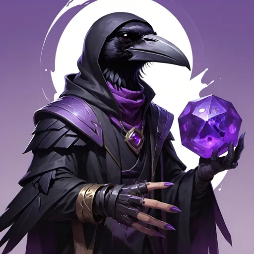 Prompt: a kenku crow in a black outfit holding a purple object in his hand and a purple object in his other hand, Dr. Atl, vanitas, league of legends splash art, cyberpunk art