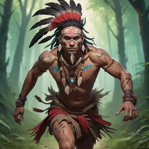 Prompt: a bare-chested shaman dressed like a Indian medicine man running in front of forest, Dr. Atl, vanitas, league of legends splash art, cyberpunk art