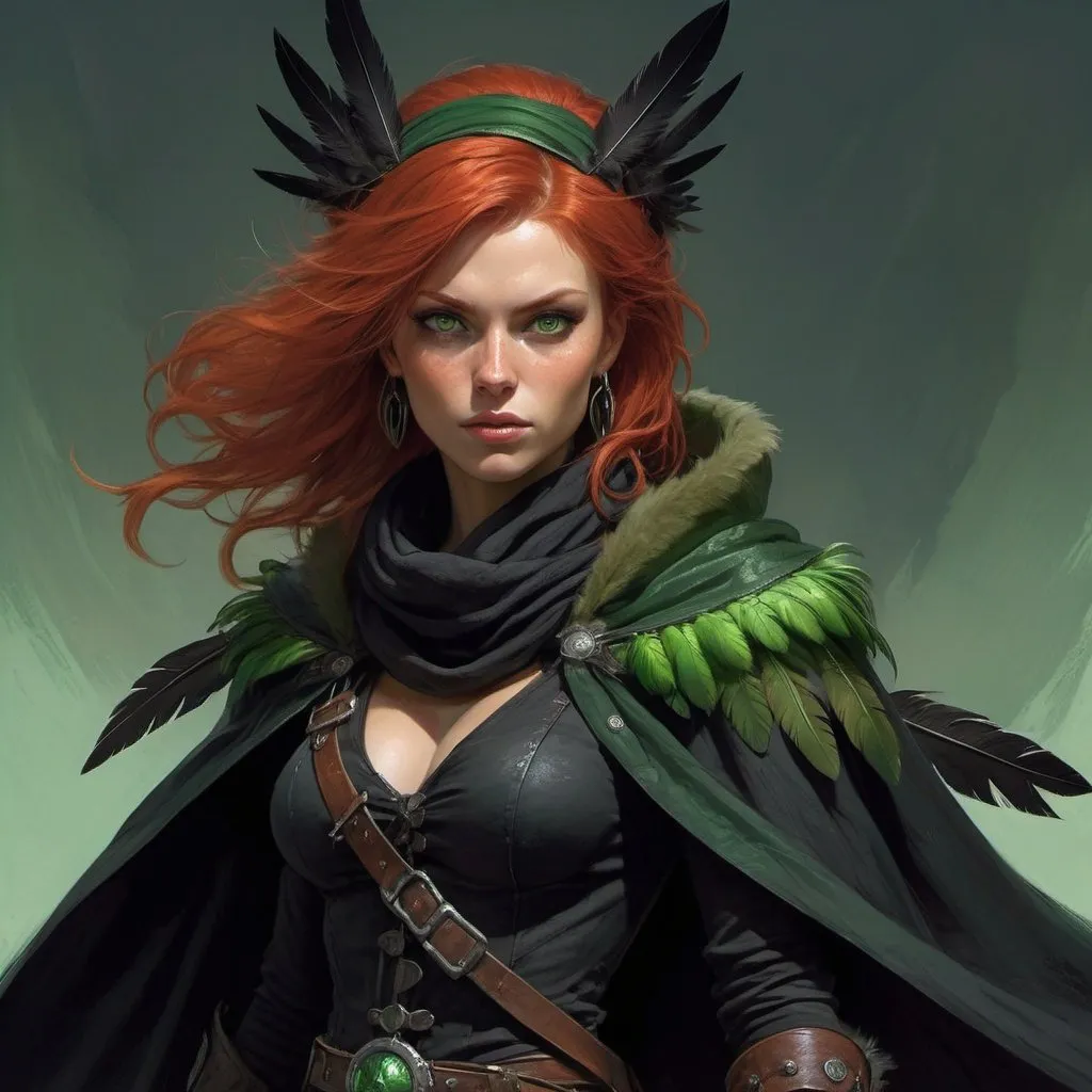 Prompt: a scandinavian woman monster hunter with red hair and green eyes wearing a black outfit and a black scarf with green feathers on her head and a black snood around her neck and and cape, full length, Donato Giancola, fantasy art, epic fantasy character art, concept art