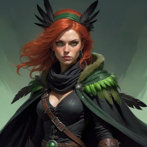 Prompt: a scandinavian woman monster hunter with red hair and green eyes wearing a black outfit and a black scarf with green feathers on her head and a black snood around her neck and and cape, full length, Donato Giancola, fantasy art, epic fantasy character art, concept art